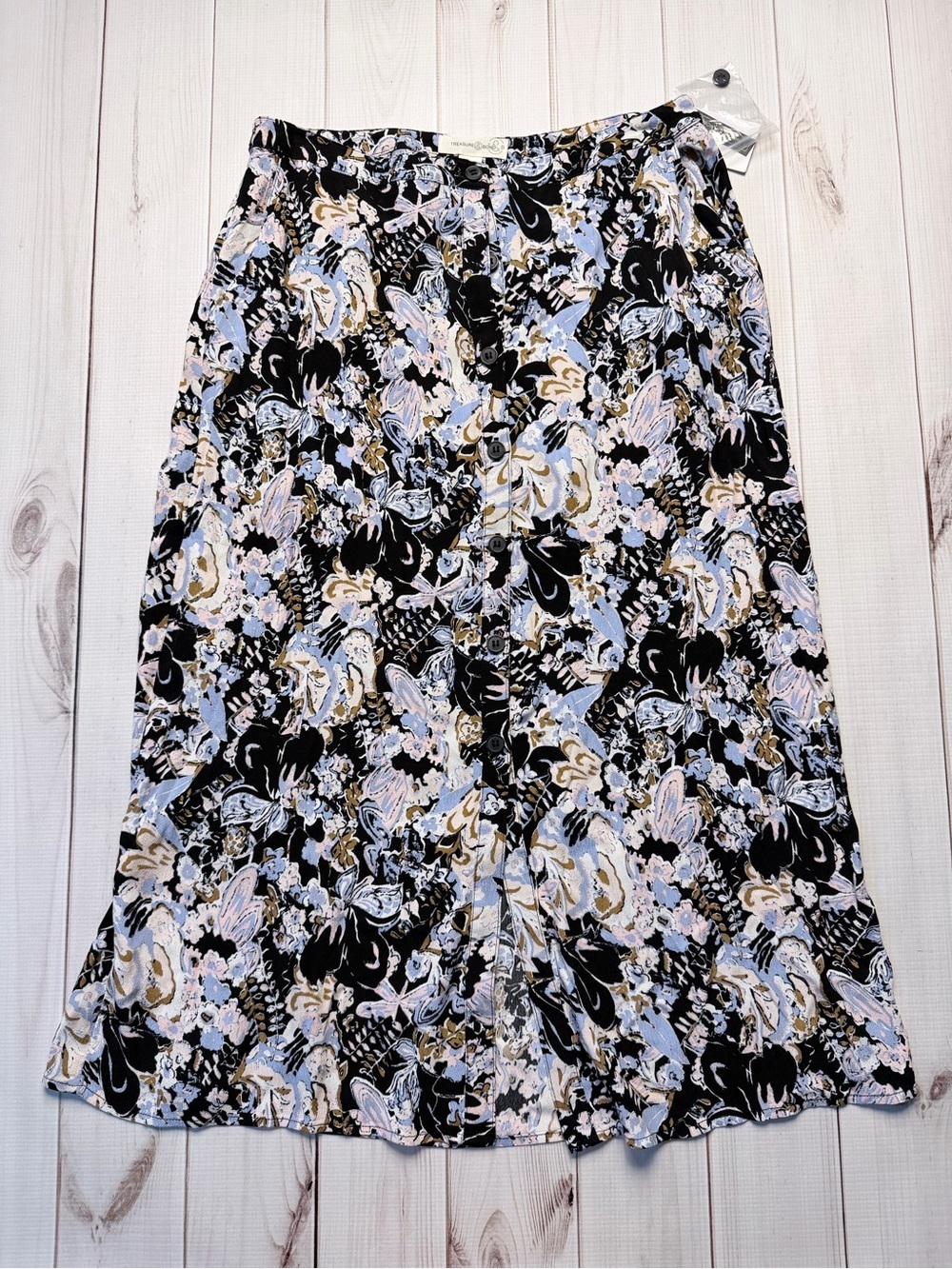 Treasure & Bond Black Floral Midi Skirt with Pastel Accents